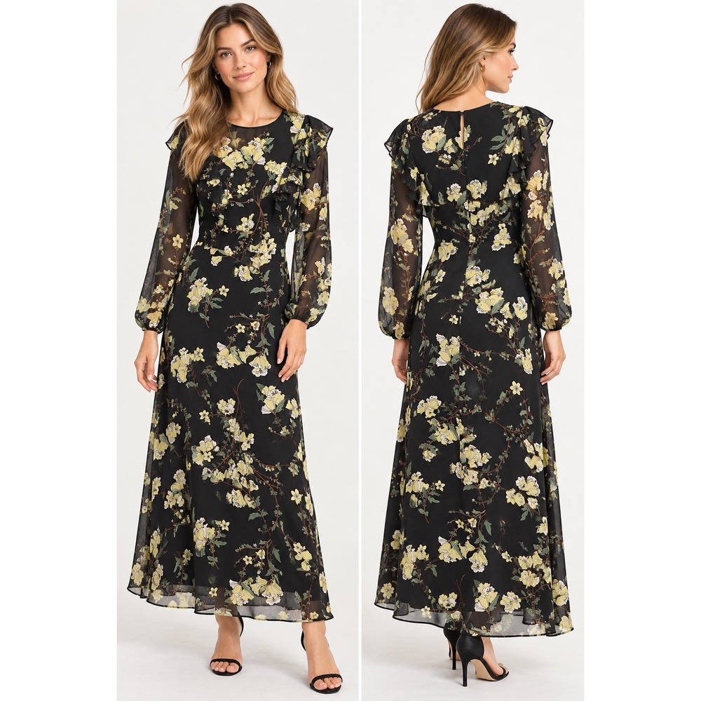 Womens XS Black Floral Sheer Chiffon Ruffle Maxi Dress Romantic Cottagecore Boho